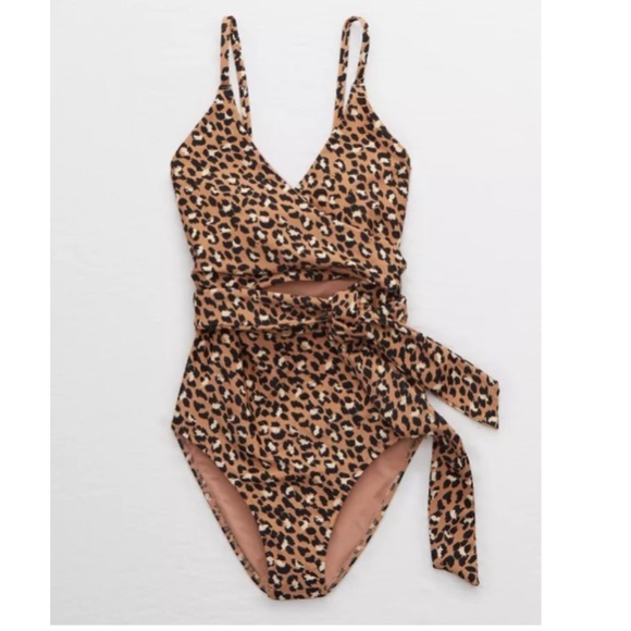 AERIE Leopard Wrap One Piece Swimsuit Full Coverage Size Large Long - Picture 4 of 14